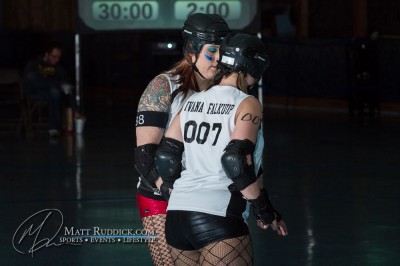 Ivana with Betty Fhite during her first bout with the Cornfed Derby Dames.